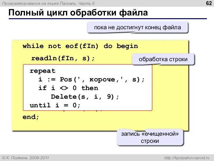 Полный цикл обработки файла while not eof(fIn) do begin readln(fIn, s);