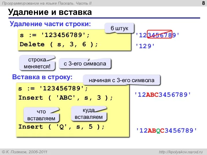 Удаление и вставка Удаление части строки: Вставка в строку: s :=