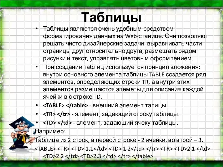 Таблицы Таблицы являются очень удобным средством форматирования данных на Web-станице. Они