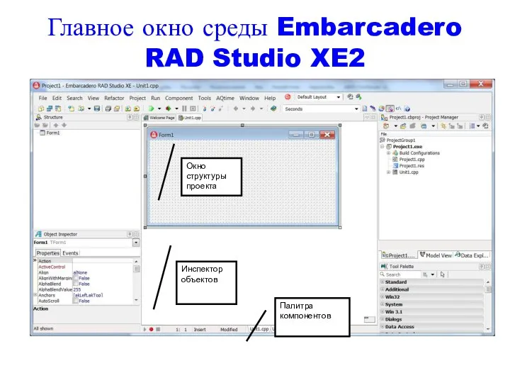 Инспектор объектов Окно структуры проекта Палитра компонентов Главное окно среды Embarcadero RAD Studio XE2