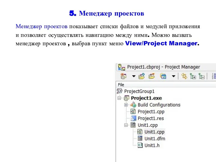 5. Менеджер проектов Менеджер проектов показывает списки файлов и модулей приложения