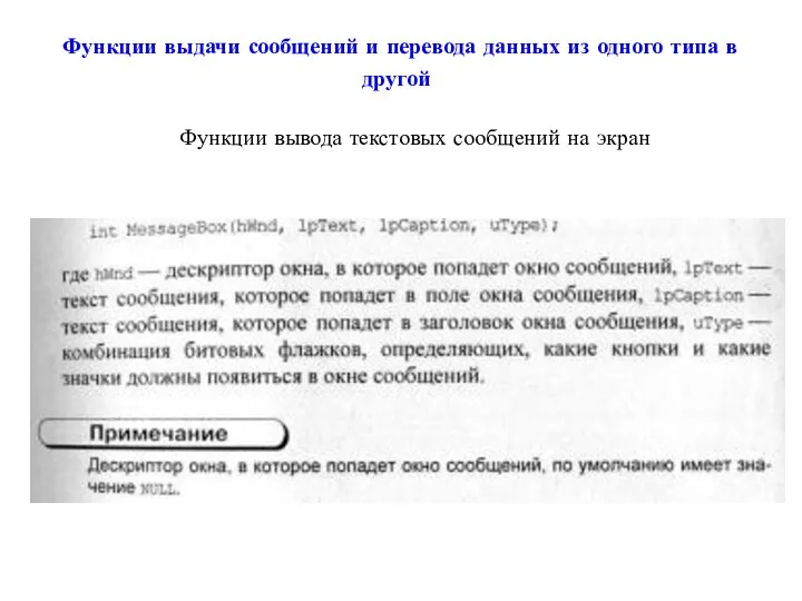 Функции выдачи сообщений и перевода данных из одного типа в другой