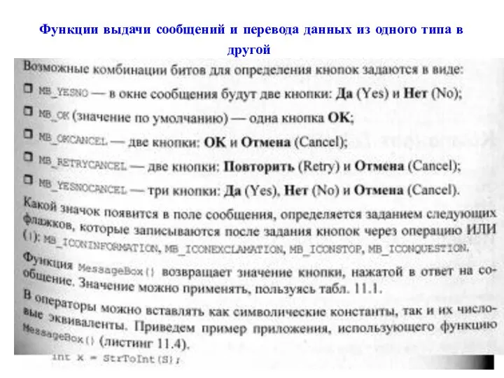 Функции выдачи сообщений и перевода данных из одного типа в другой