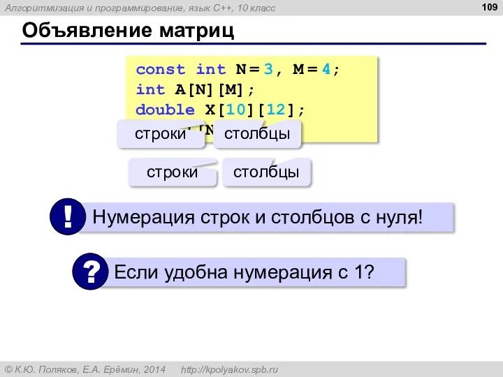 Объявление матриц const int N = 3, M = 4; int