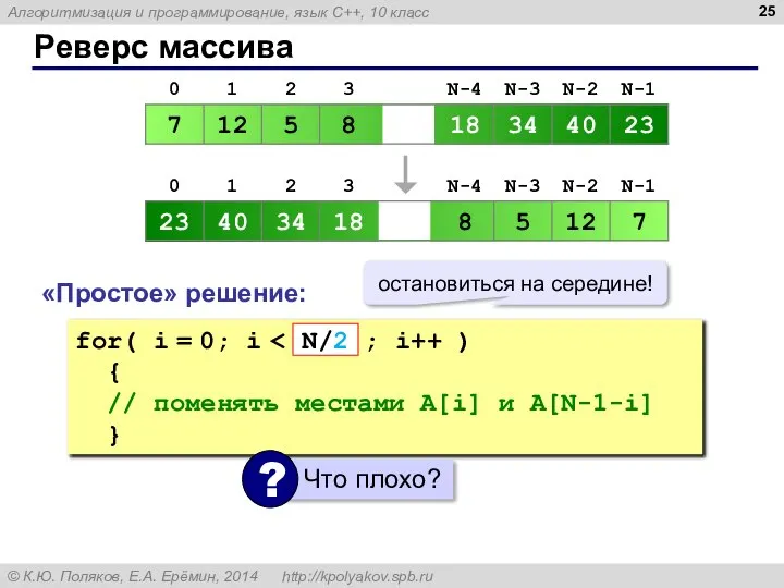 Реверс массива «Простое» решение: for( i = 0; i { //