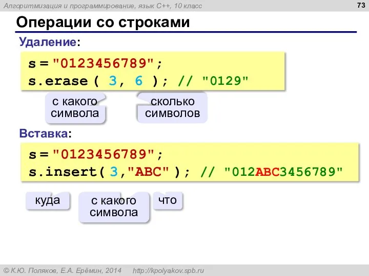 Операции со строками Вставка: s = "0123456789"; s.insert( 3,"ABC" ); //