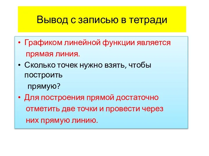 Вывод с записью в тетради Графиком линейной функции является прямая линия.