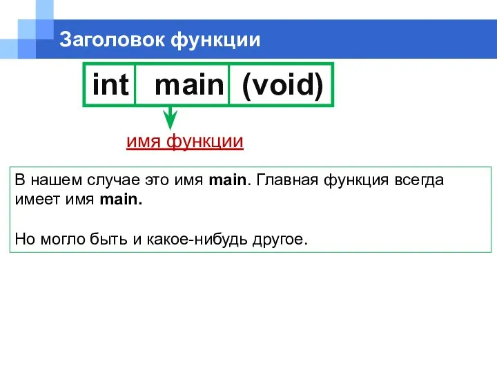 int main (void) Заголовок функции имя функции В нашем случае это
