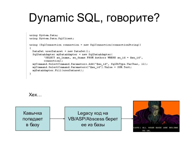 Dynamic SQL, говорите? Хех… Кавычка попадает в базу Legacy код на VB/ASP/Abscess берет ее из базы