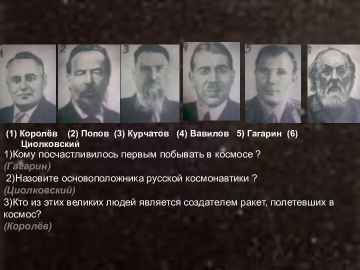 (1) Королёв (2) Попов (3) Курчатов (4) Вавилов 5) Гагарин (6)Циолковский