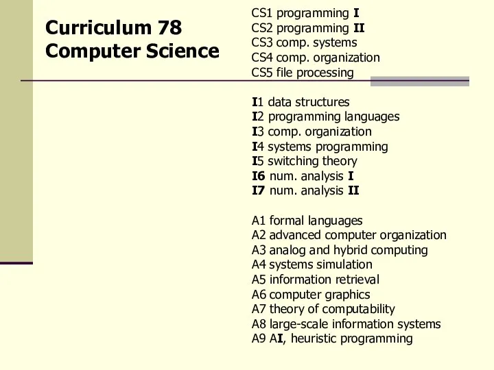 CS1 programming I CS2 programming II CS3 comp. systems CS4 comp.