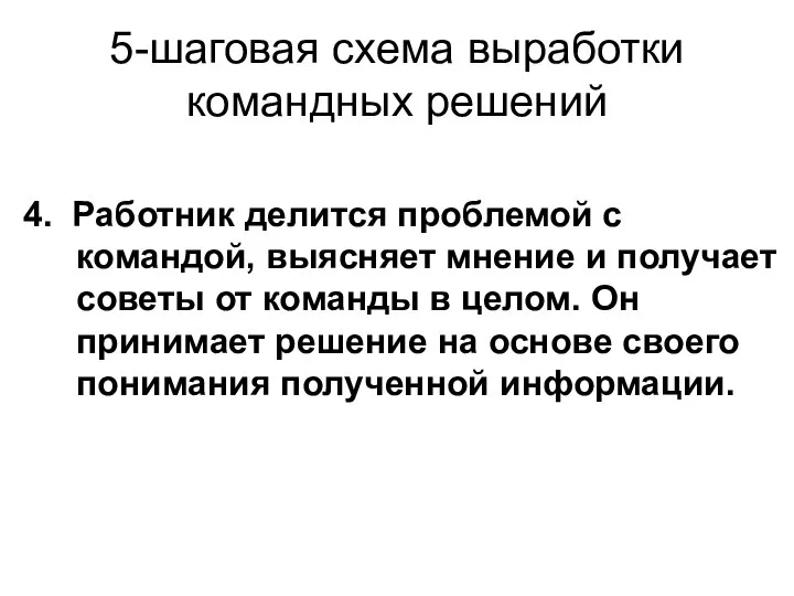 5-шаговая схема выработки командных решений 4. Работник делится проблемой с командой,