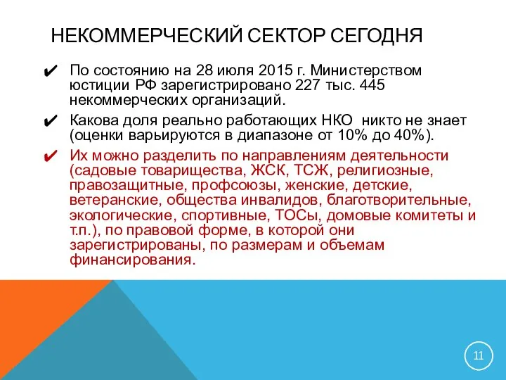 НЕКОММЕРЧЕСКИЙ СЕКТОР СЕГОДНЯ По состоянию на 28 июля 2015 г. Министерством