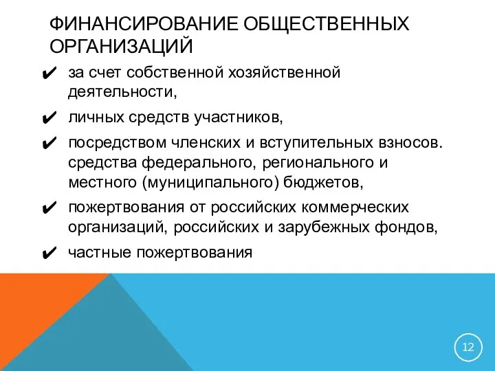 ФИНАНСИРОВАНИЕ ОБЩЕСТВЕННЫХ ОРГАНИЗАЦИЙ за счет собственной хозяйственной деятельности, личных средств участников,