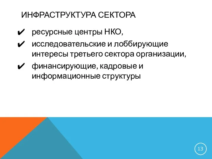 ИНФРАСТРУКТУРА СЕКТОРА ресурсные центры НКО, исследовательские и лоббирующие интересы третьего сектора