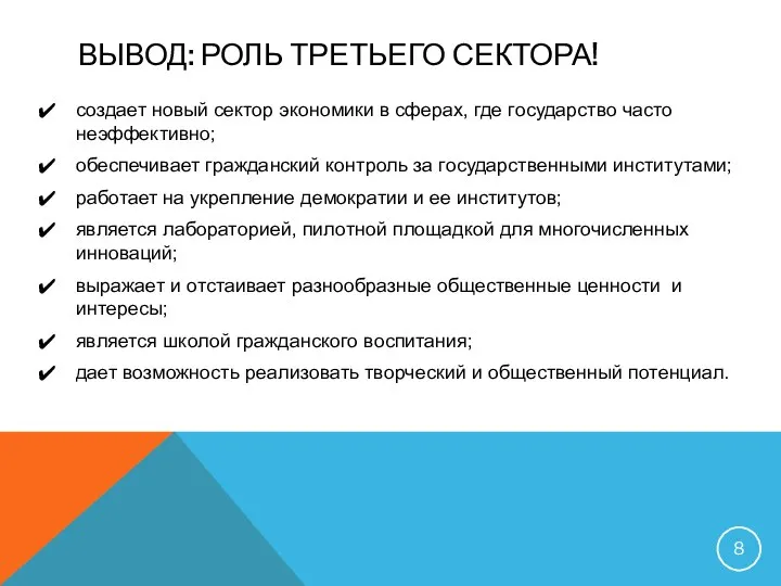 ВЫВОД: РОЛЬ ТРЕТЬЕГО СЕКТОРА! создает новый сектор экономики в сферах, где