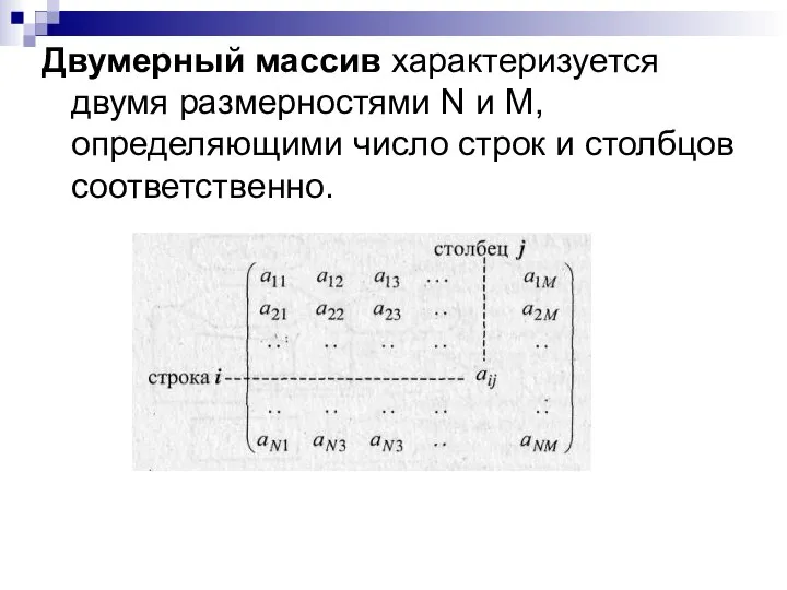 Двумерный массив характеризуется двумя размерностями N и М, определяющими число строк и столбцов соответственно.