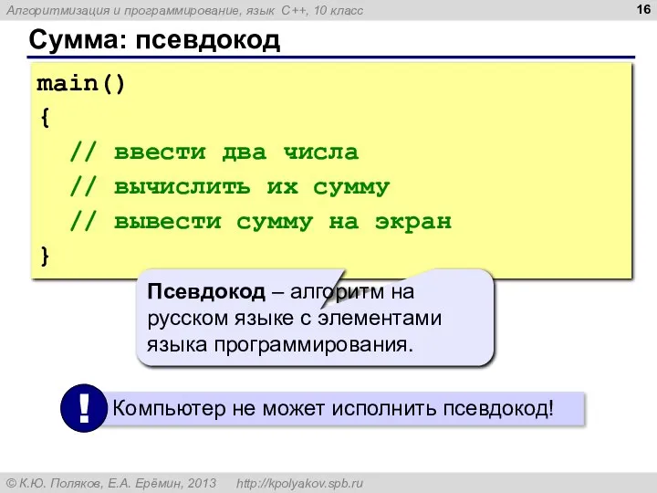 Сумма: псевдокод main() { // ввести два числа // вычислить их