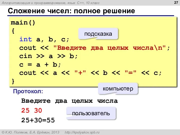 Сложение чисел: полное решение main() { int a, b, c; cout