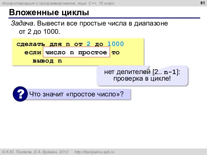 Вложенные циклы Задача. Вывести все простые числа в диапазоне от 2