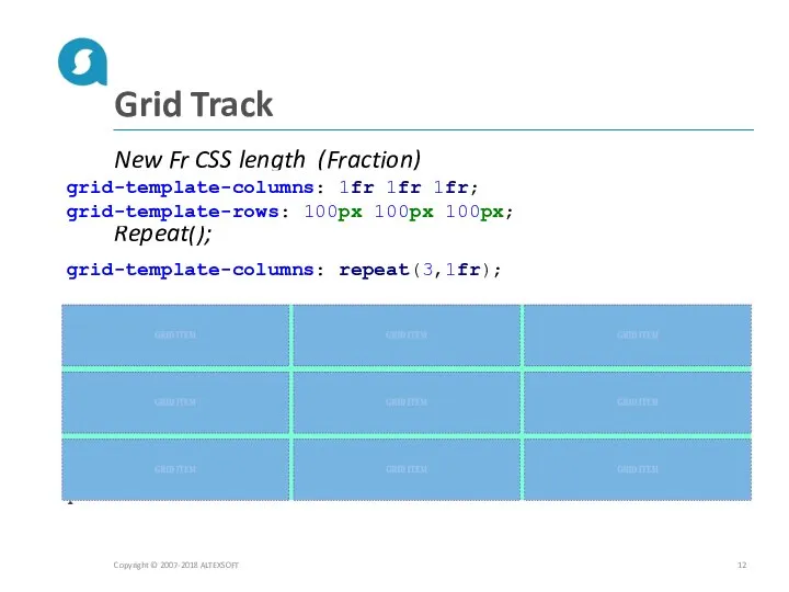 Grid Track New Fr CSS length (Fraction) Repeat(); Copyright © 2007-2018