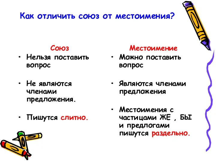 Как отличить союз от местоимения? Союз Нельзя поставить вопрос Не являются