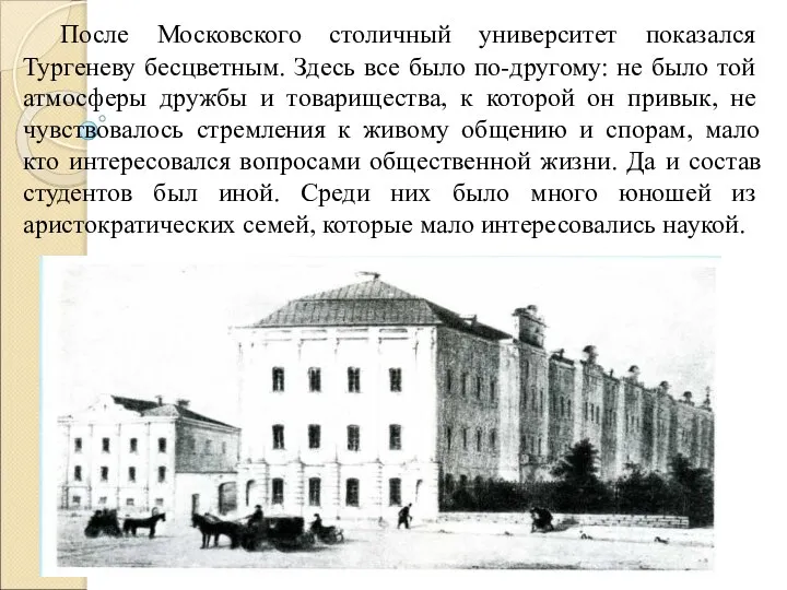 После Московского столичный университет показался Тургеневу бесцветным. Здесь все было по-другому: