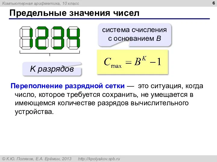 Предельные значения чисел система счисления с основанием B K разрядов Переполнение