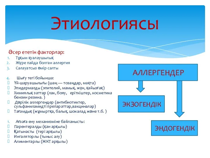 Этиологиясы Әсер ететін факторлар: Тұқым қуалаушылық Жүре пайда болган аллергия Салауатсыз