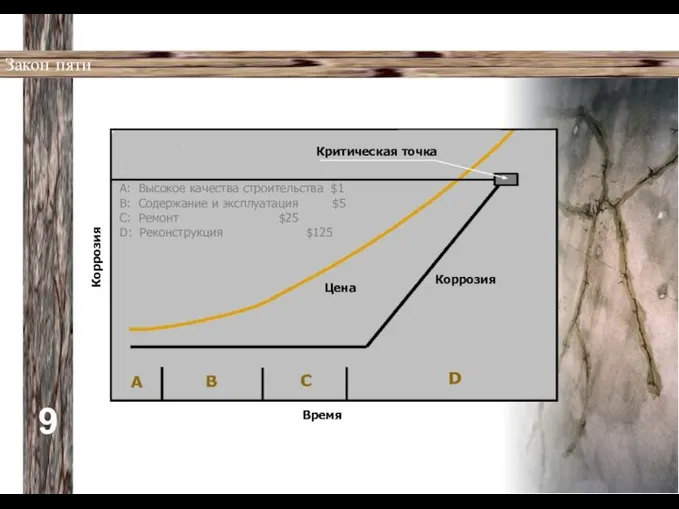 9 Закон пяти Время Коррозия Коррозия Цена Критическая точка А: Высокое