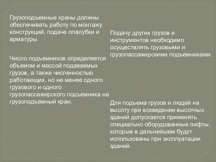 Грузоподъемные краны должны обеспечивать работу по монтажу конструкций, подаче опалубки и