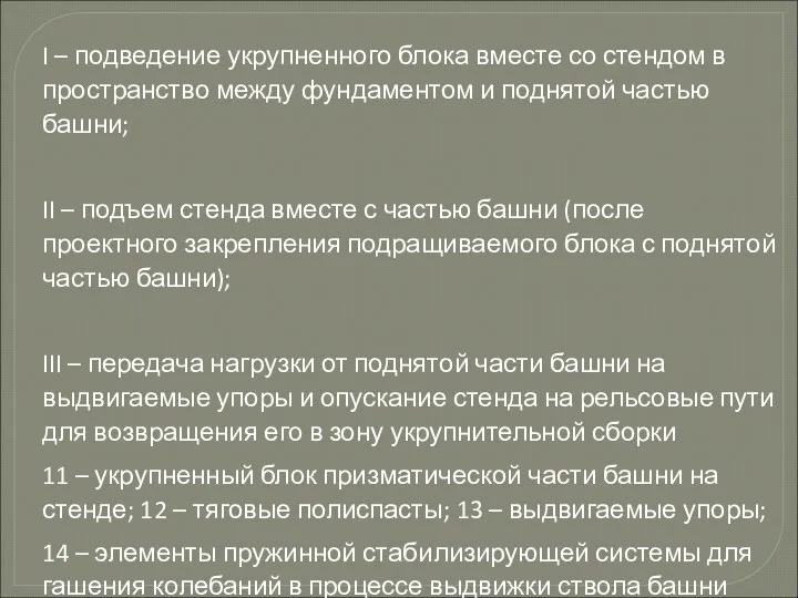 I – подведение укрупненного блока вместе со стендом в пространство между