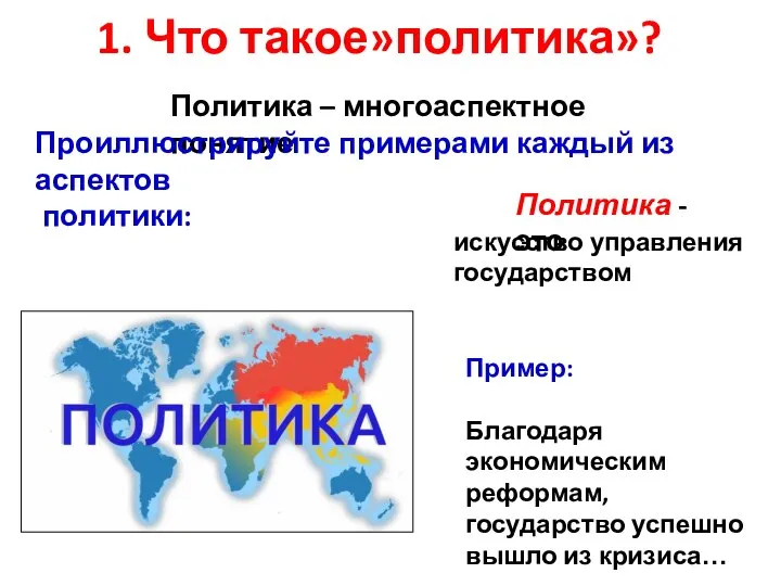 1. Что такое»политика»? Политика - это искусство управления государством Политика –