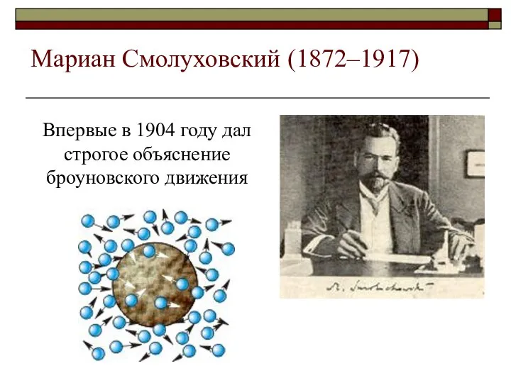 Мариан Смолуховский (1872–1917) Впервые в 1904 году дал строгое объяснение броуновского движения