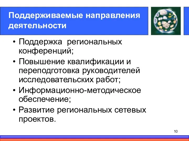 Поддерживаемые направления деятельности Поддержка региональных конференций; Повышение квалификации и переподготовка руководителей