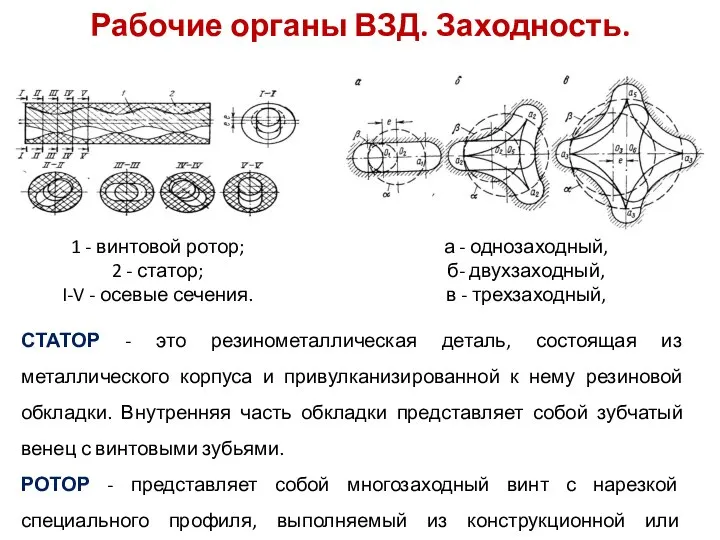 Рабочие органы ВЗД. Заходность. 1 - винтовой ротор; 2 - статор;