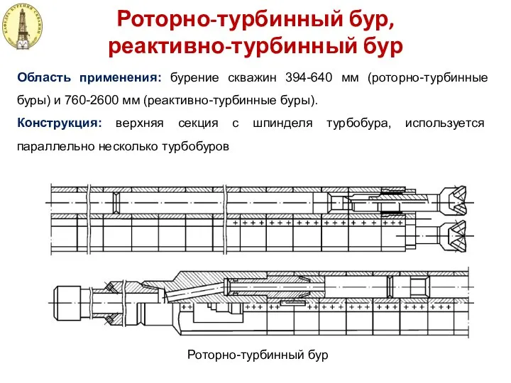 Роторно-турбинный бур, реактивно-турбинный бур Область применения: бурение скважин 394-640 мм (роторно-турбинные