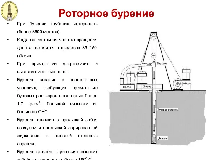 Роторное бурение При бурении глубоких интервалов (более 3500 метров). Когда оптимальная