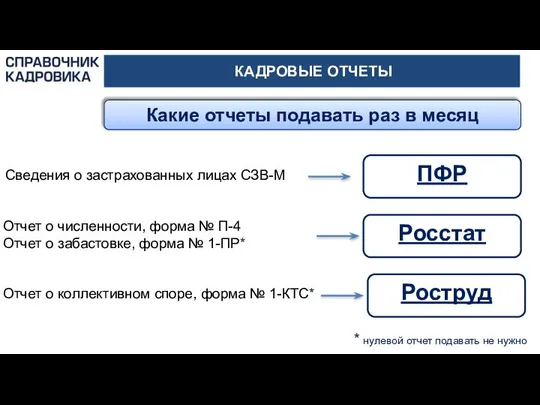 КАДРОВЫЕ ОТЧЕТЫ Какие отчеты подавать раз в месяц Росстат Роструд ПФР