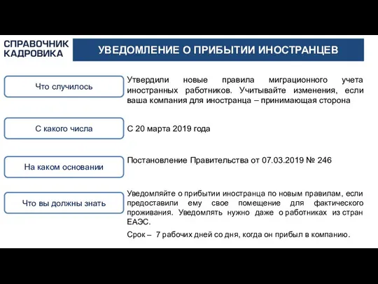 УВЕДОМЛЕНИЕ О ПРИБЫТИИ ИНОСТРАНЦЕВ Что случилось Утвердили новые правила миграционного учета