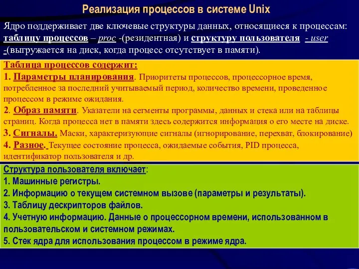 Реализация процессов в системе Unix Ядро поддерживает две ключевые структуры данных,