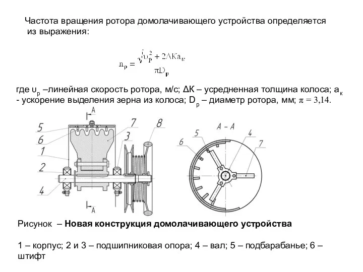 Частота вращения ротора домолачивающего устройства определяется из выражения: где υр –линейная