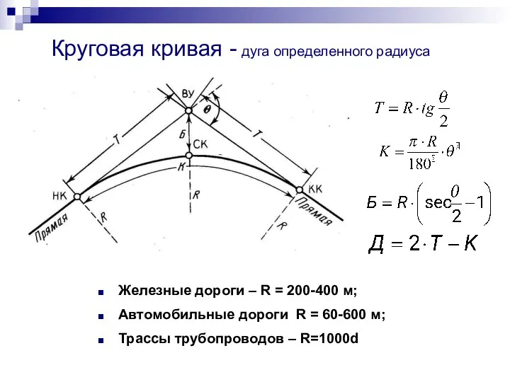 Круговая кривая - дуга определенного радиуса Железные дороги – R =