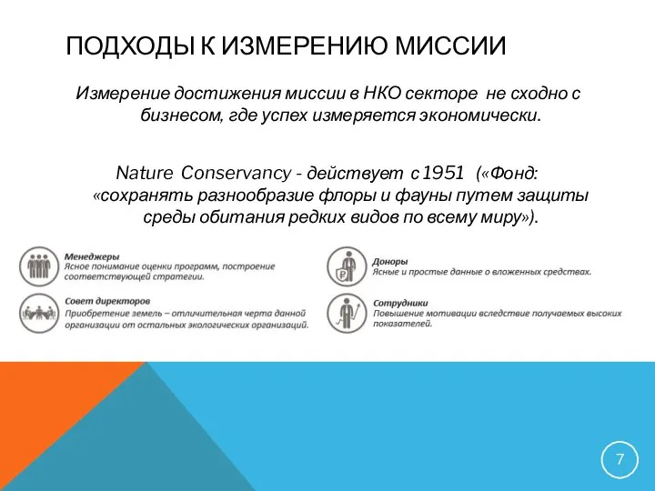 ПОДХОДЫ К ИЗМЕРЕНИЮ МИССИИ Измерение достижения миссии в НКО секторе не