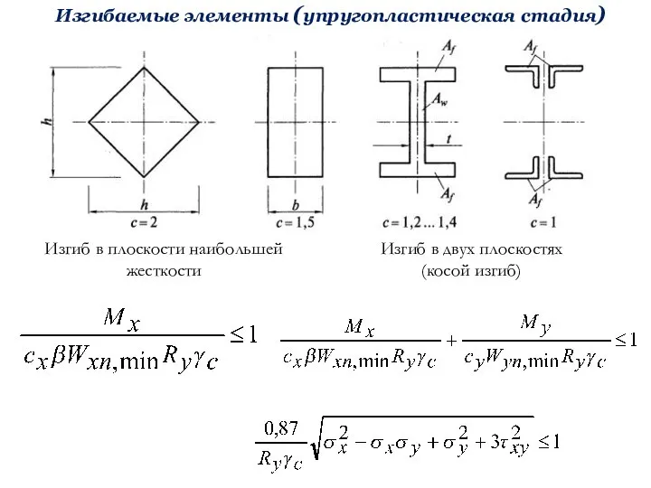 Изгибаемые элементы (упругопластическая стадия) Изгиб в плоскости наибольшей жесткости Изгиб в двух плоскостях (косой изгиб)