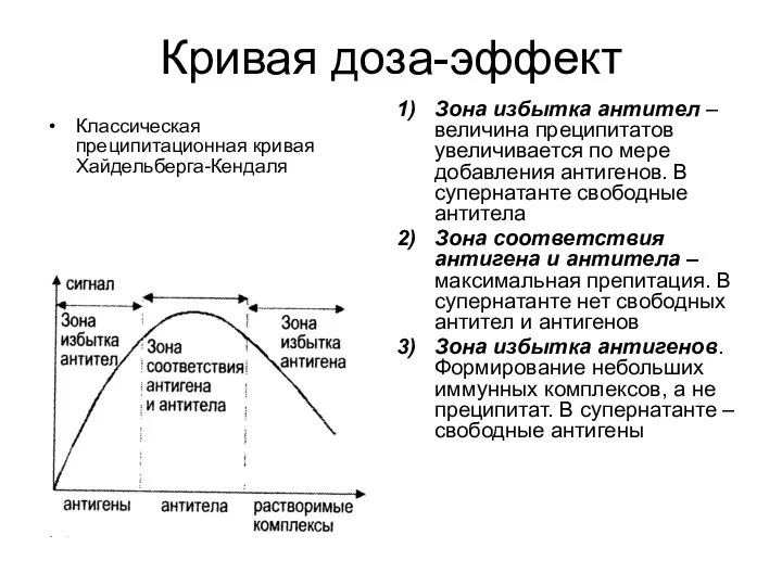 Кривая доза-эффект Классическая преципитационная кривая Хайдельберга-Кендаля Зона избытка антител – величина