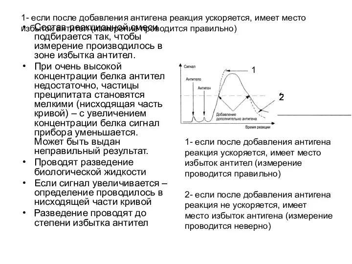 1- если после добавления антигена реакция ускоряется, имеет место избыток антител