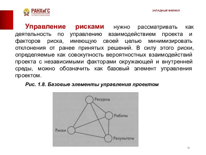 Управление рисками нужно рассматривать как деятельность по управлению взаимо­действием проекта и