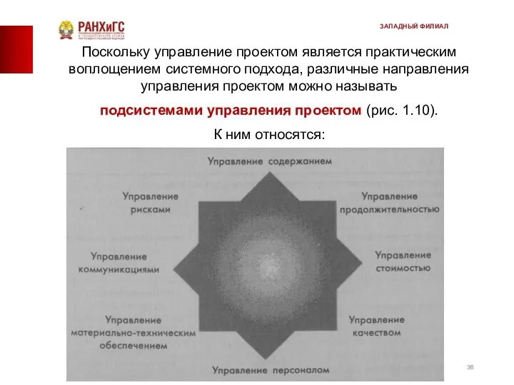 Поскольку управление проектом является практическим воплощением системного подхода, различные направления управления