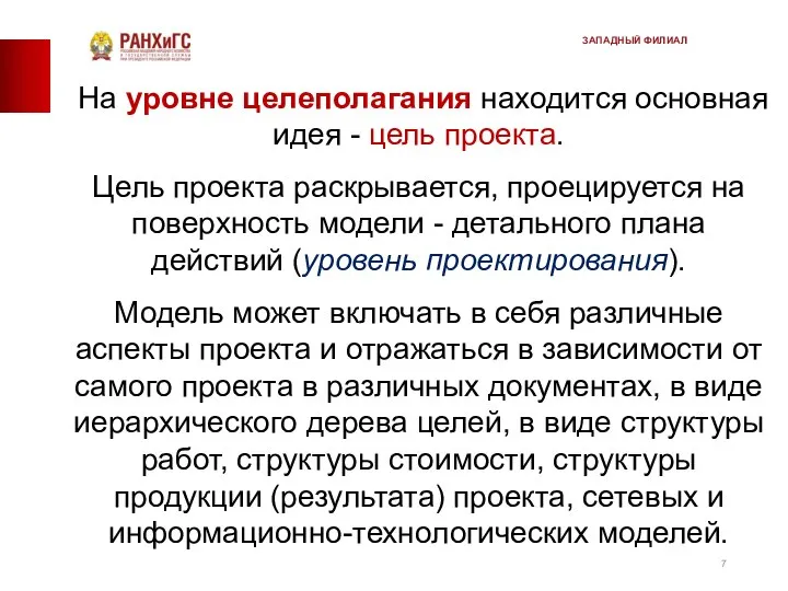 На уровне целеполагания находится основная идея - цель проекта. Цель проекта